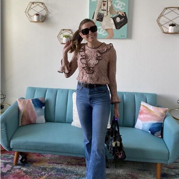 NWOT Alexis Addie Bell Sleeve Ruffle Lace Blouse in Blush/Black. Size XS. - Picture 4 of 9